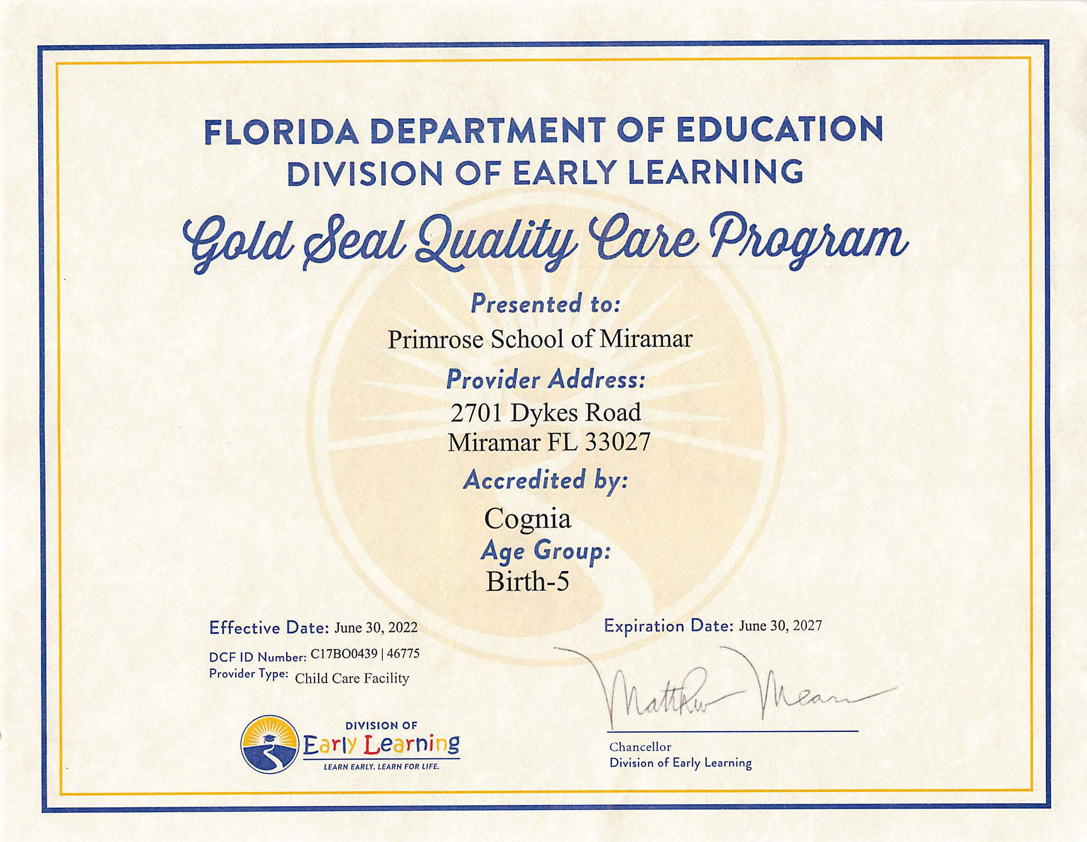 Primrose School of Miramar is proud recipient of Florida Gold Seal